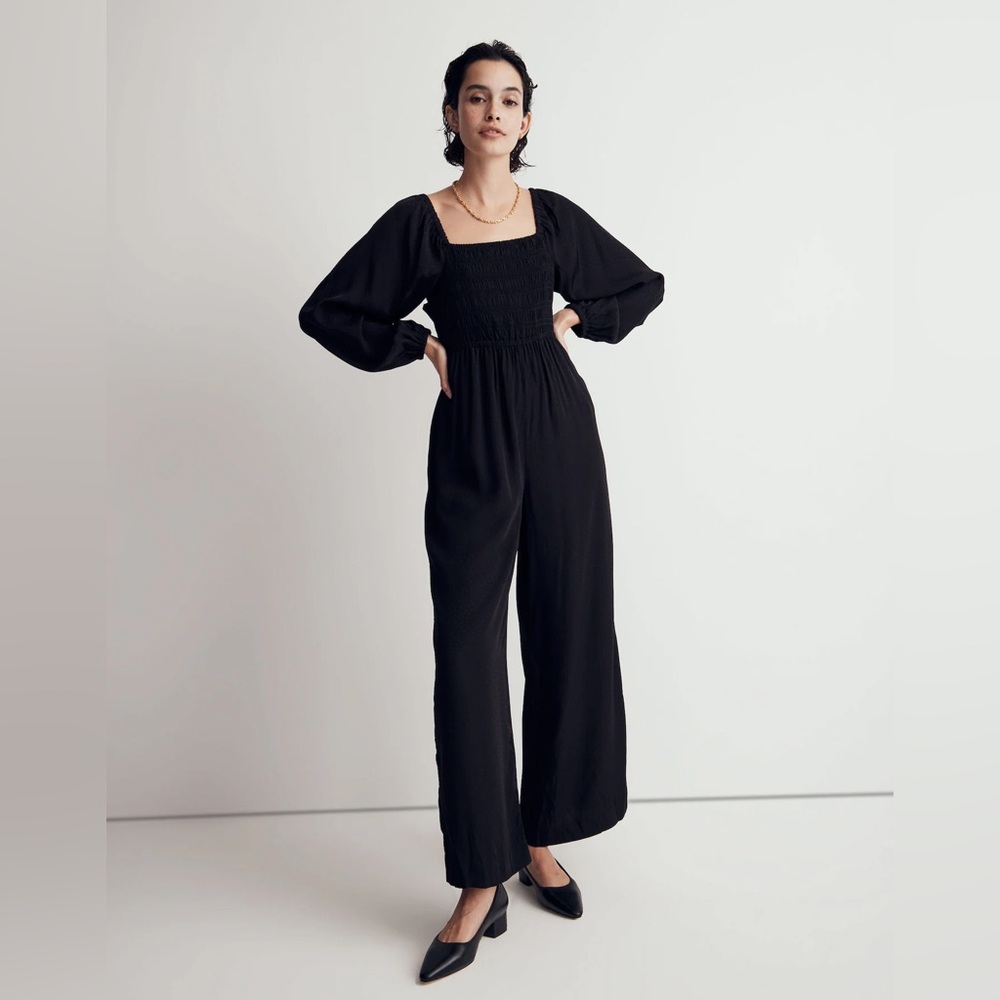 Madewell Petite Lucie Tie-Back Long-Sleeve Jumpsuit in Star Jacquard black